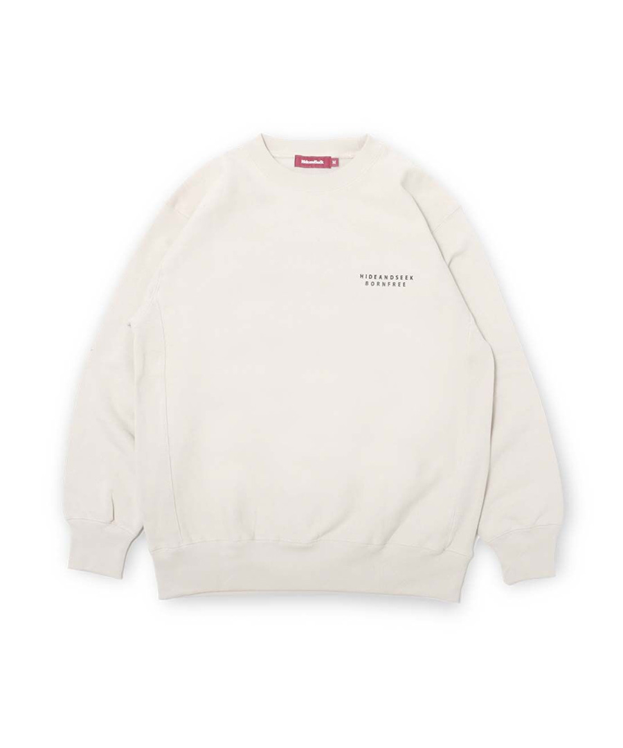 HIDE AND SEEK ハイドアンドシーク 23SS BORN FREE SWEAT SHIRT 刺繡 クルーネックスウェットトレーナー ホワイト HC-010623 Size XL